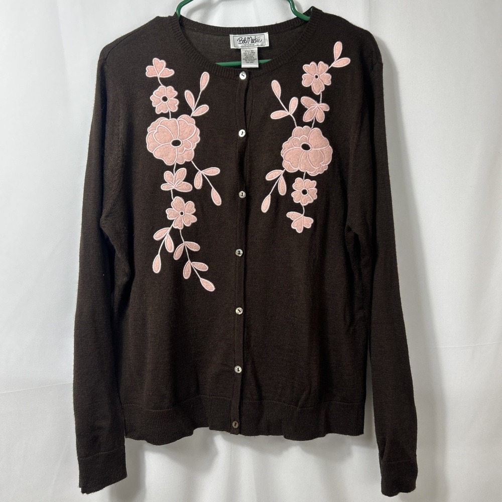 VTG Bob Mackie Studio Embroidered Floral Cardigan Sweater Brown Wool/ Acrylic XL
